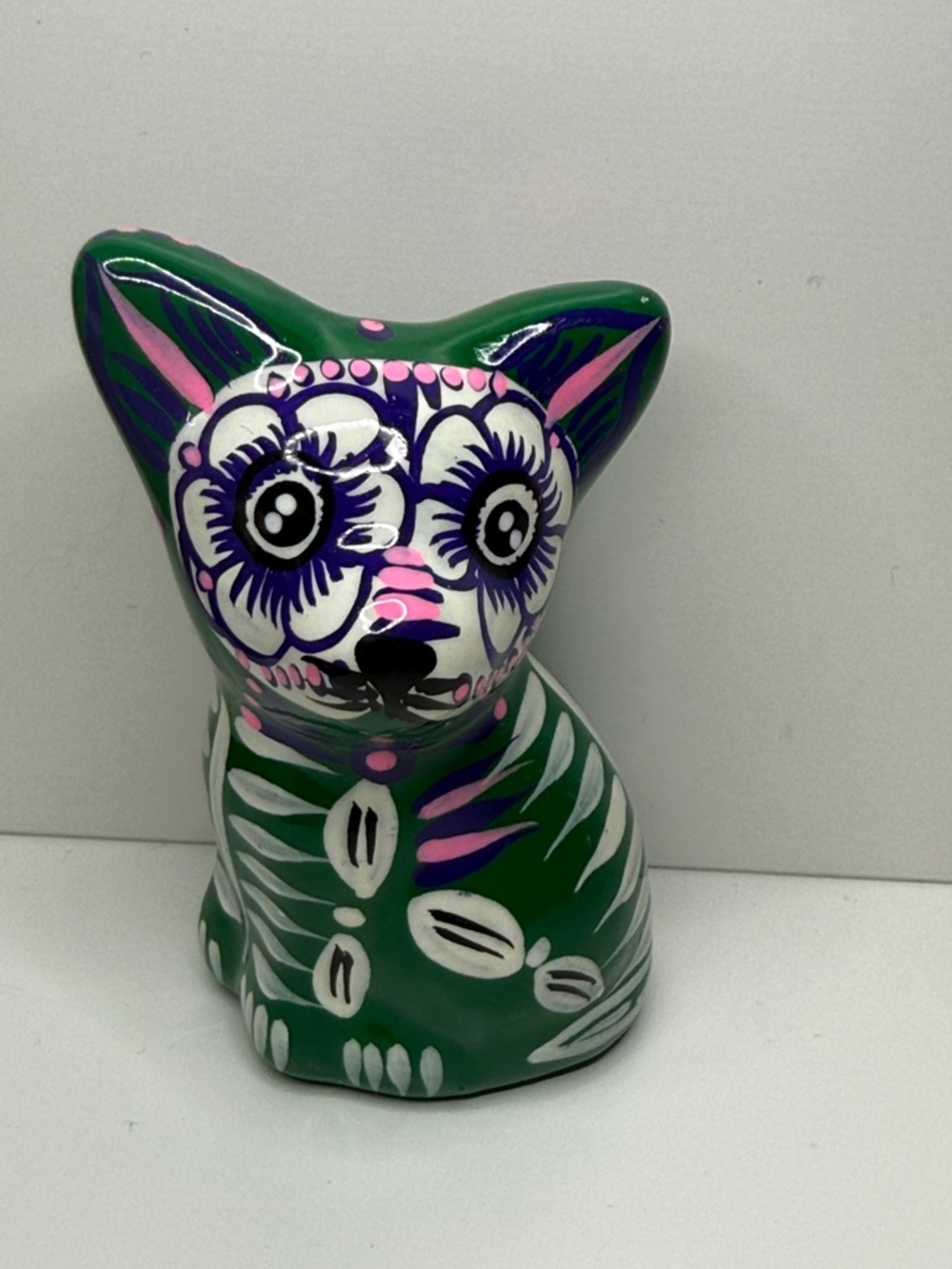 Uv glow Mexico ceramic Hand-Painted pottery miniature  Cat Figurine day of dead